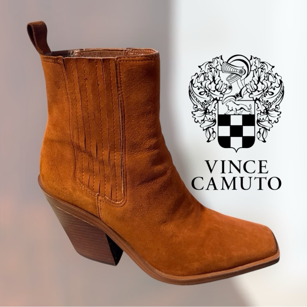 Vince Camuto Ackella caramel suede heeled Western boots. Size 9.